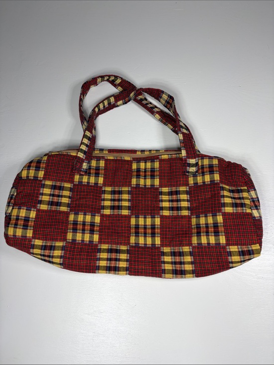 Handbags - Handmade quilted duffel bag plaid outside with floral lined inside